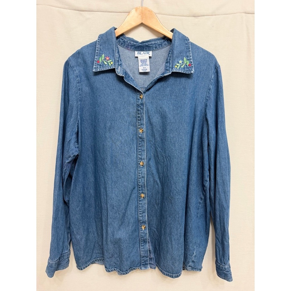 Blair Women's Vintage Embroidered Floral Cottagecore Denim Button Down Shirt XLG